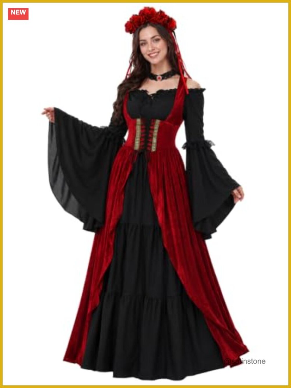 4 PC Renaissance Costume Lace Up Maxi Dress Velvet Overdress Corset Gown